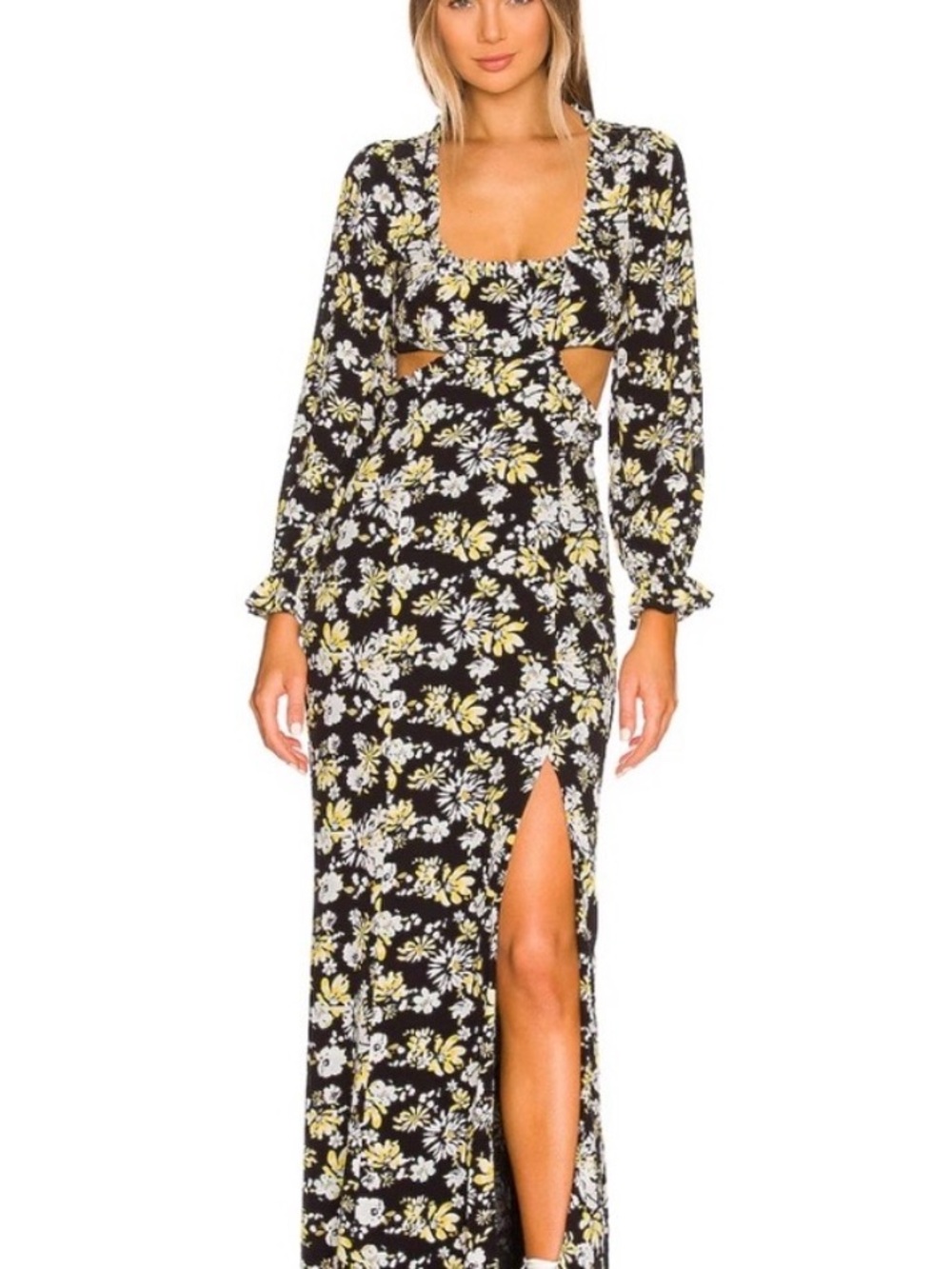 MAJORELLE Black Floral Cutout Maxi Dress with Yellow and White Print
